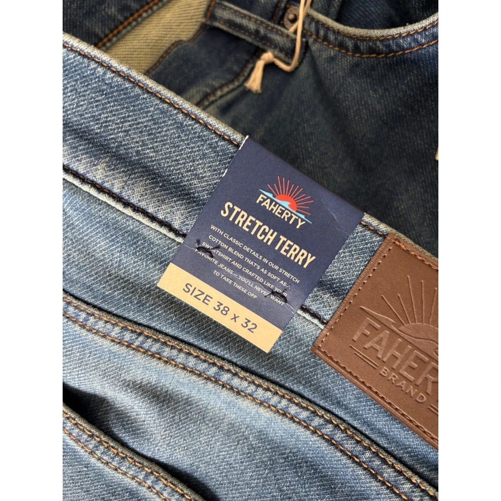 Faherty Stretch Terry Jeans Mens 38x32 Indigo Blue Straight Leg MBC0025 NEW